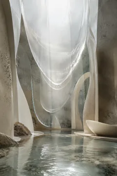 Portrait abstract chamber with translucent curved glass veils, pale mineral arcs, suspended droplets, and a shallow reflective basin under soft diffused light.