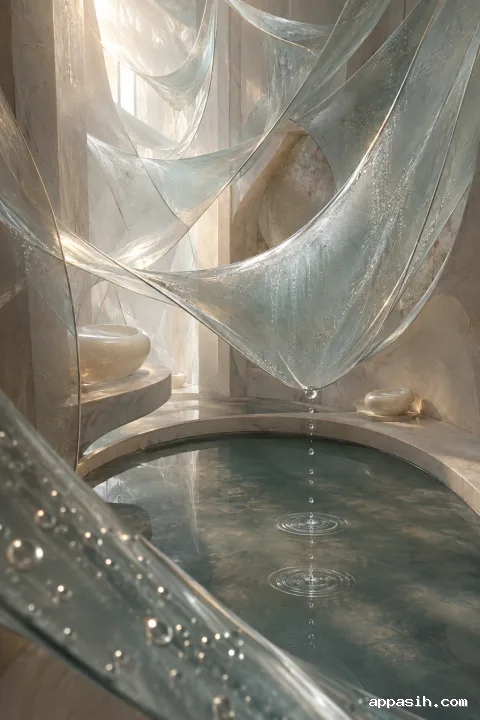 Elevated three-quarter portrait view of a serene abstract resonance chamber with layered translucent tidal glass veils, mineral arcs, suspended droplets, and reflective water catching champagne and silver light.