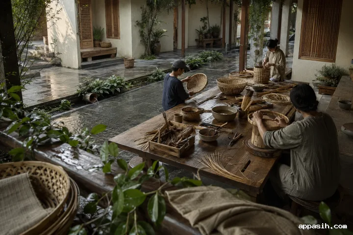 Elevated three-quarter view of three anonymous neighbors repairing woven baskets at a wooden worktable in a damp residential courtyard after rain.