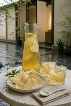 Portrait food scene of pale pear tea, translucent osmanthus jelly, fresh pear slices, and ceramic tableware on a rain-cooled courtyard table.