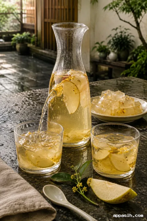 Elevated portrait view of pale pear tea being poured beside translucent osmanthus jelly and fresh pear on a damp contemporary courtyard table.