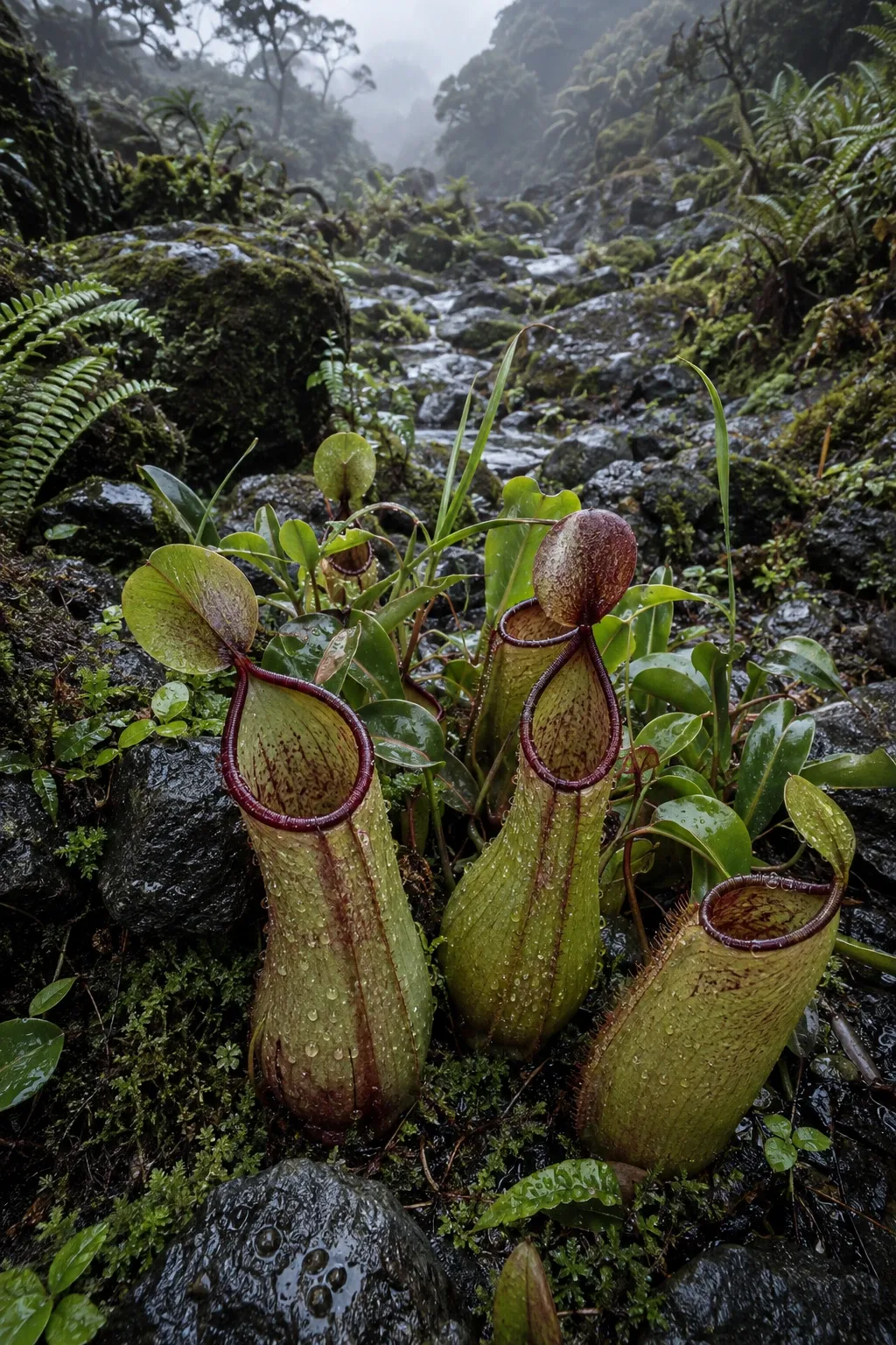 Wild pitcher plants growing among rain-wet mossy basalt stones and delicate ferns in a misty tropical highland cloud hollow.