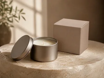Blank matte matcha canister with a bamboo measuring scoop and a small amount of green powder on a light stone surface.