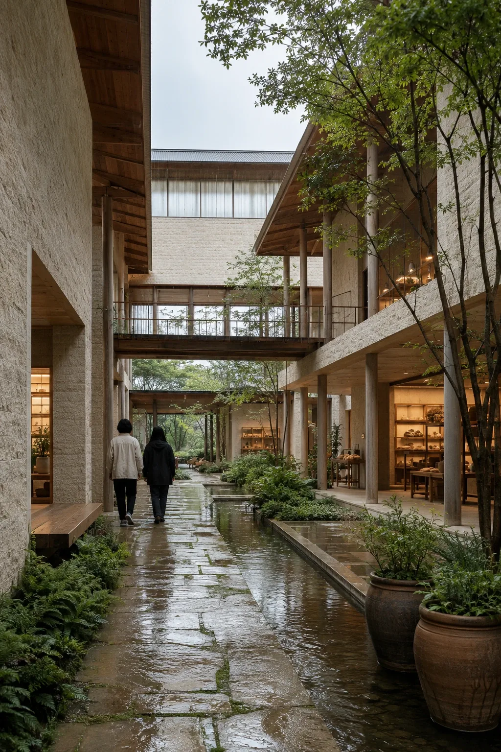 Portrait view of a contemporary community seed conservatory with pale masonry, timber galleries, rain garden planting, reflective water channels, and two anonymous visitors after rainfall.
