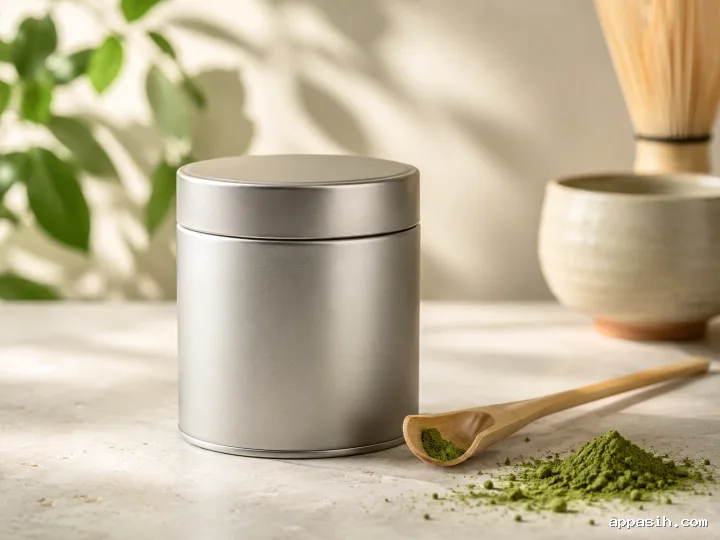 Luxury blank sage matcha canister with a bamboo scoop, ceramic bowl, linen cloth, and vibrant green powder styled in soft morning light.
