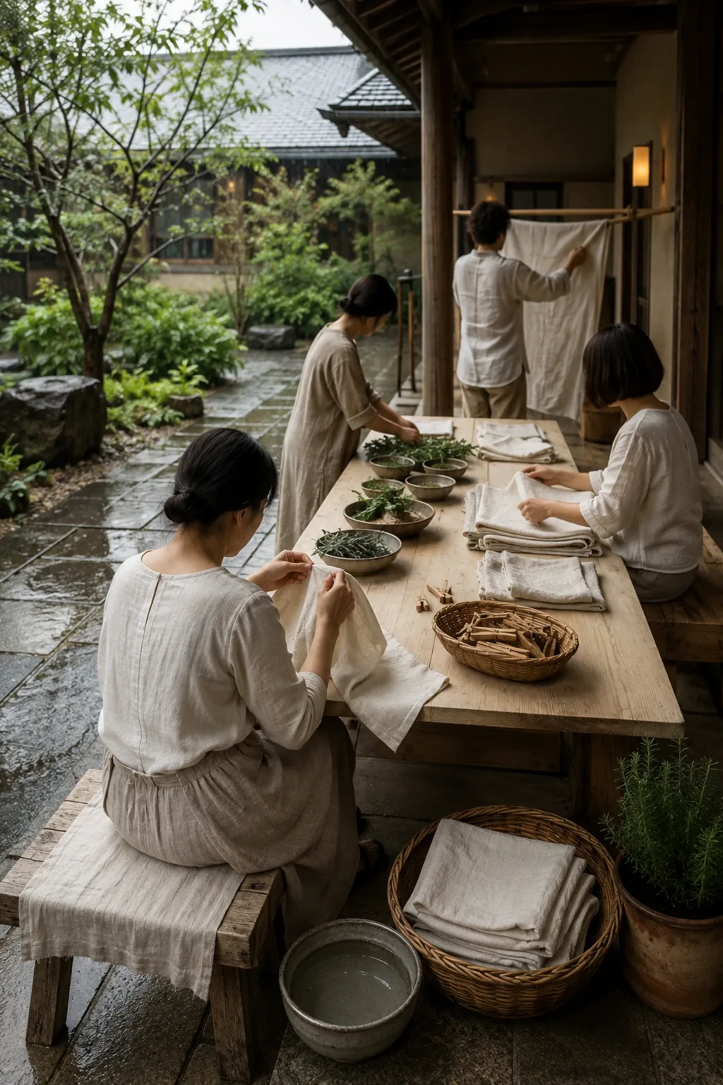 Four anonymous neighbors mending, folding, scenting, and air-drying household linens around a timber table in a sheltered rain-cooled courtyard.