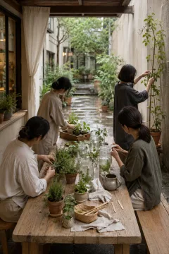 Four anonymous neighbors caring for herbs, propagation jars, and compact window-garden plants around a timber table in a rainwashed residential courtyard.