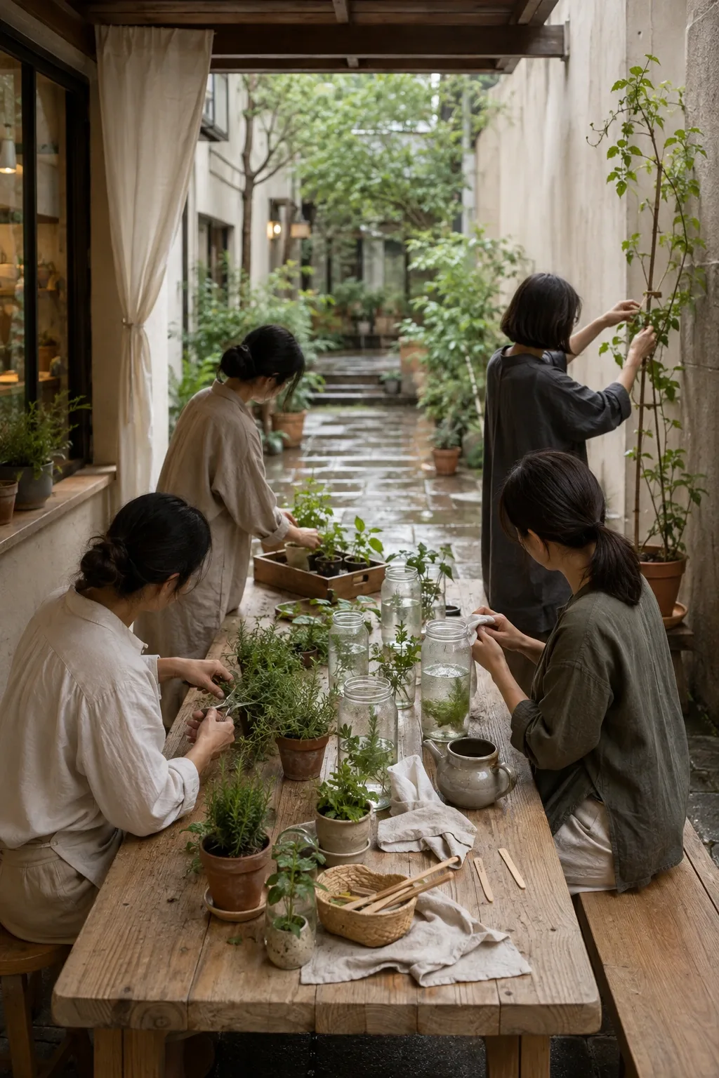 Four anonymous neighbors caring for herbs, propagation jars, and compact window-garden plants around a timber table in a rainwashed residential courtyard.
