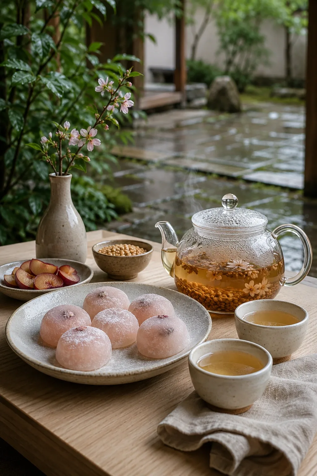 Portrait editorial scene of pale pink plum rice cakes with amber roasted rice blossom tea on a low timber table in a rain-washed garden courtyard.