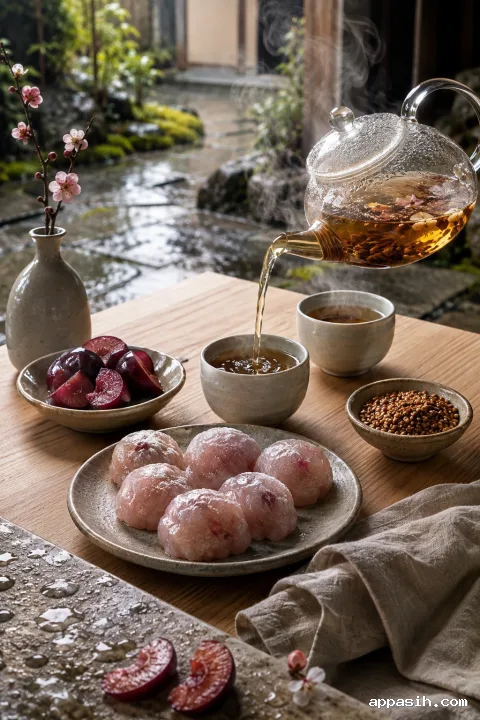 Elevated portrait view of pale pink plum rice cakes as amber roasted rice blossom tea is poured into a ceramic cup in a rain-washed garden courtyard.