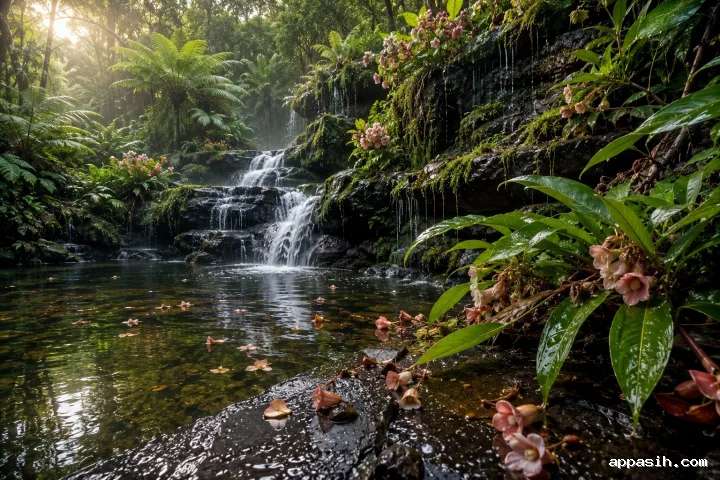 Elevated three-quarter view of a rain-washed tropical ginger hollow with a diagonal basalt cascade, reflective pool, drifting petals, moss, ferns, and softly highlighted wet foliage.