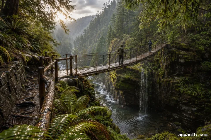 Elevated view of a rain-washed timber suspension walkway crossing a misty cedar gorge as two anonymous travelers move above mossy cliffs, fern terraces, streams, and cascading water.