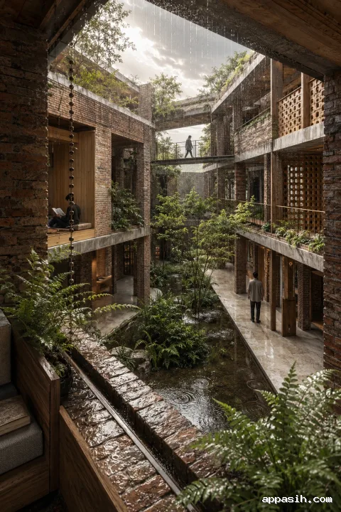 Elevated portrait view inside a rain-cooled civic reading cloister with wet brick galleries, suspended walkways, timber alcoves, a planted central basin, falling droplets, and anonymous visitors.