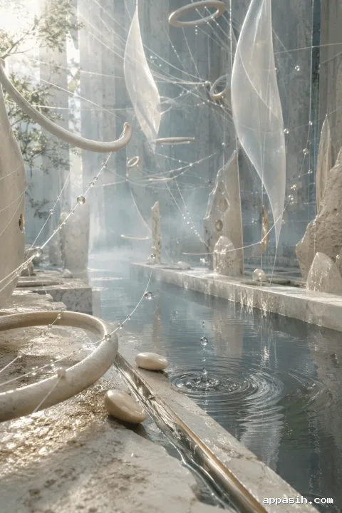 Elevated portrait view of an abstract opaline tension garden with suspended ceramic rings, translucent mineral sails, taut filaments, falling silver droplets, overlapping water ripples, mist, and soft champagne highlights.