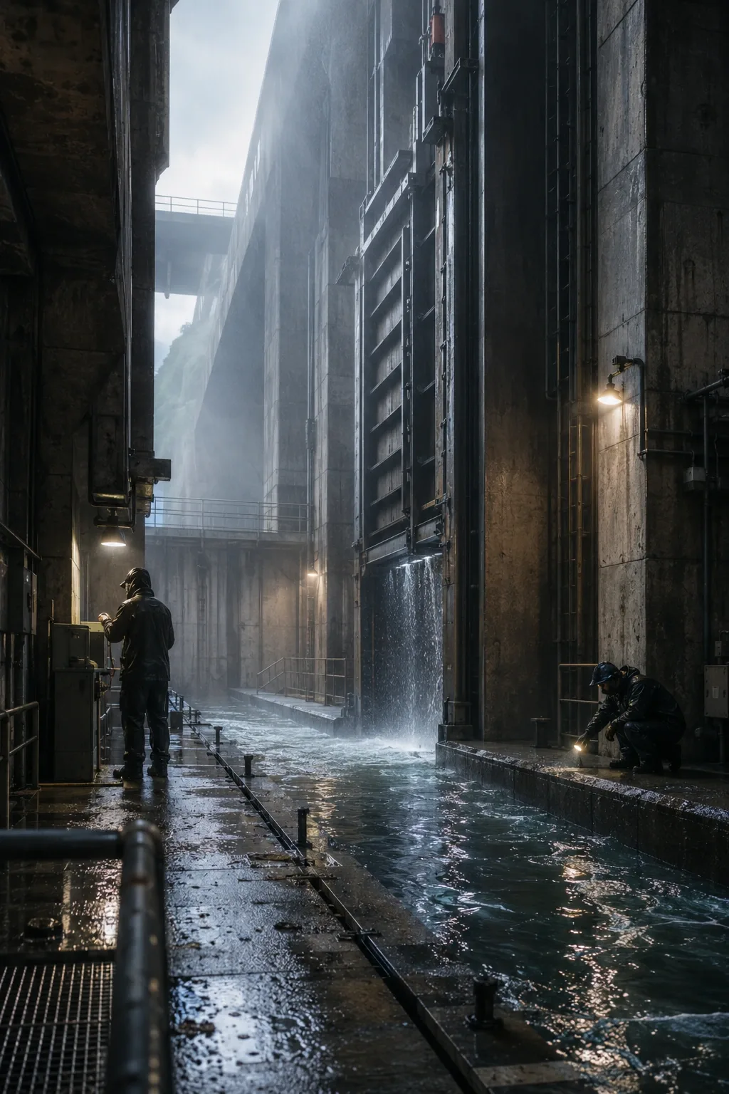 Two anonymous technicians inspect a rain-soaked floodgate maintenance passage beneath massive concrete infrastructure as mist and reflective water create a cinematic atmosphere.