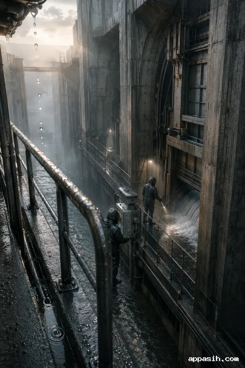 Elevated cinematic view of two anonymous technicians inspecting the same misty floodgate passage as rain beads, reflective runoff, spray, and restrained late-morning highlights enrich the industrial scene.