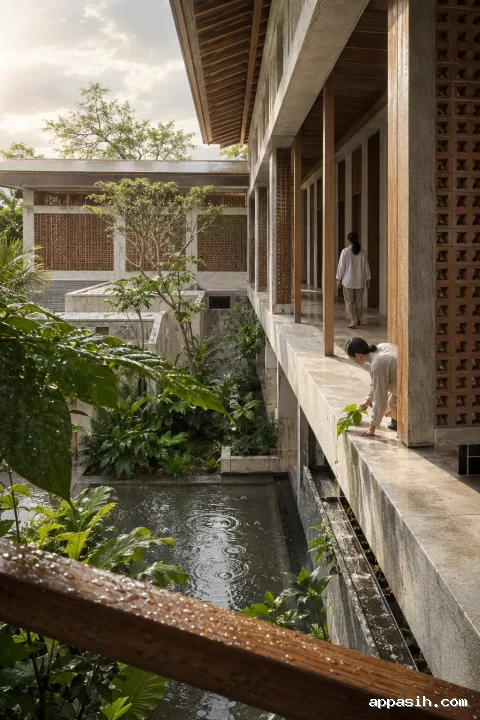 Elevated portrait view across the rain-washed Dewcourt passive cooling pavilion, showing mineral walls, timber walkways, terracotta ventilation blocks, a reflective courtyard water channel, rain-garden plants, and two anonymous visitors.