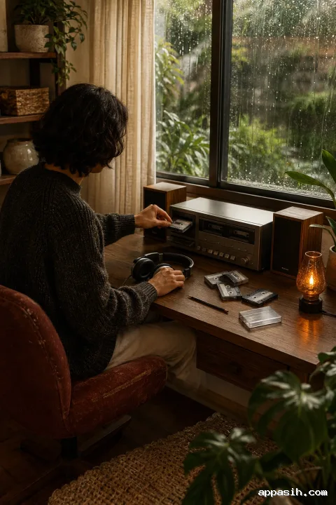 Elevated portrait view of an anonymous adult inserting a blank cassette into an unbranded dual-cassette deck inside a warm rain-washed late-1980s-inspired recording nook.