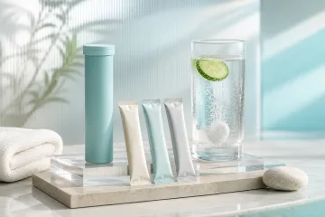 Blank electrolyte powder jar with a measuring scoop and clear glass of water on a pale stone surface.