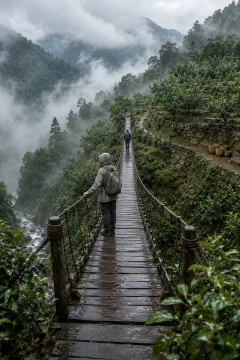 Two anonymous travelers cross a rain-washed suspension footbridge above misty terraced highland orchards and a secluded mountain valley.