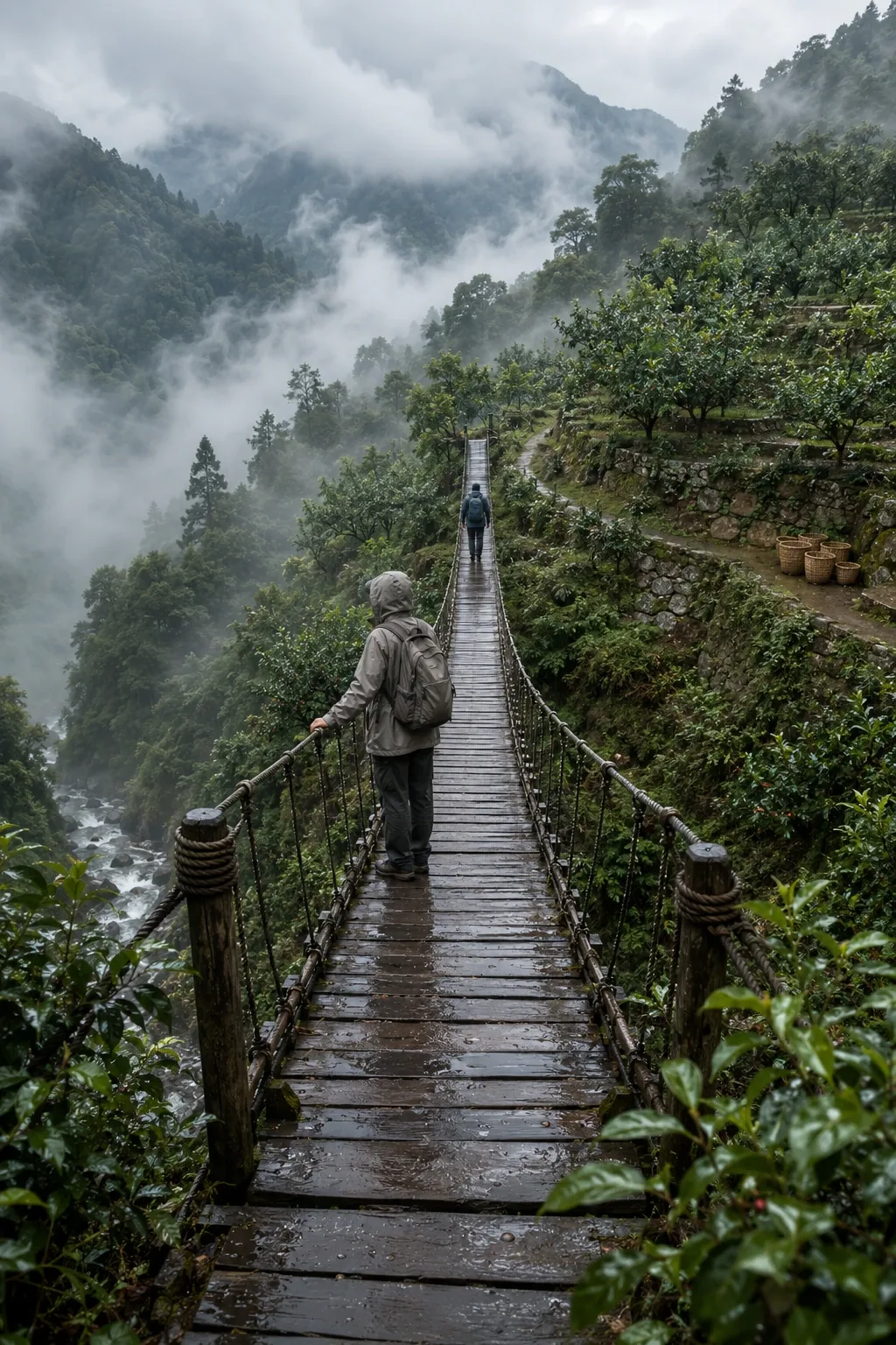 Two anonymous travelers cross a rain-washed suspension footbridge above misty terraced highland orchards and a secluded mountain valley.