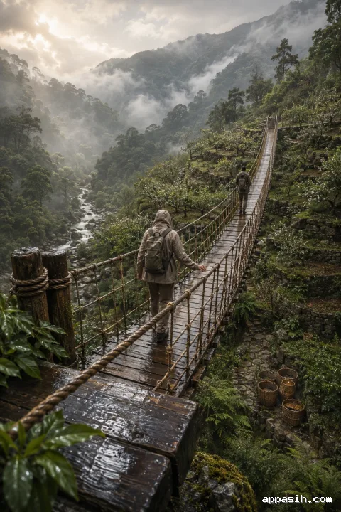 Two anonymous travelers traverse a wet suspension footbridge above layered misty orchard terraces as soft post-rain light touches the secluded highland valley.
