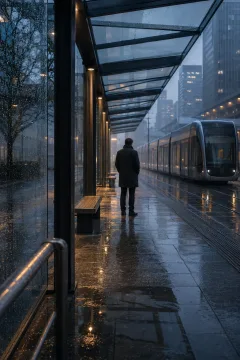Anonymous traveler waiting beneath a rain-speckled glass tram canopy on a wet evening platform with mist, reflections, and restrained amber lighting.