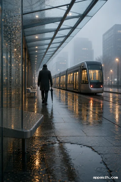 Elevated cinematic view of an anonymous traveler walking toward a silent tram beneath a rain-covered glass canopy, with layered puddles, mist, cool evening tones, and warm reflected lights.