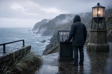 Anonymous signal keeper in a charcoal coat standing beside an unmarked mechanical console and glowing beacon on a rain-soaked coastal terrace overlooking misty sea cliffs.