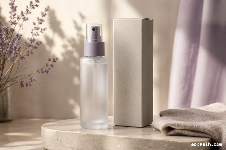 Luxury blank frosted pillow mist bottle and ivory carton styled with linen, a pale mineral stone, dried lavender, and soft evening light.