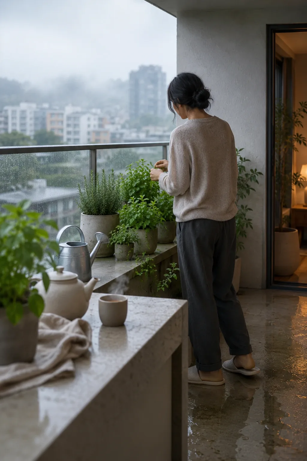 Anonymous adult tending rain-covered balcony herbs beside a steaming ceramic cup during a calm overcast morning.