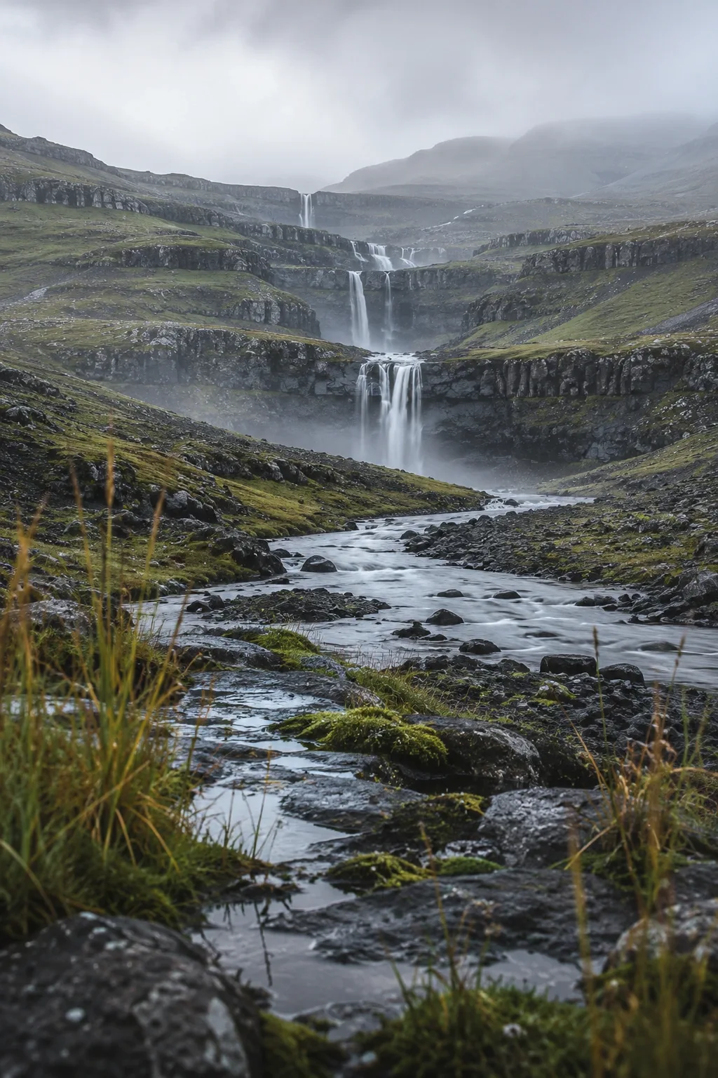 Portrait view of a misty rain-washed basalt valley with slender waterfalls flowing into a winding river between dark wet terraces and muted green highlands.