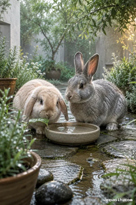 Close three-quarter view of two companion rabbits in a rain-fresh herb courtyard, with one rabbit investigating a droplet-covered leaf beside a ceramic water dish.