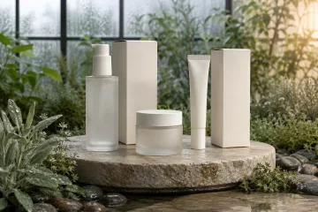 Blank frosted glass bottle, jar, cream tube, and neutral cartons displayed on a pale wet stone pedestal among rain-beaded botanical foliage.