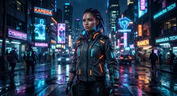 Futuristic woman standing in a neon cyberpunk city at night with cinematic lighting