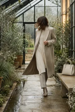 Anonymous fashion model in layered oatmeal and cream tailoring walking through a rain-fresh botanical conservatory with a plain structured handbag nearby.