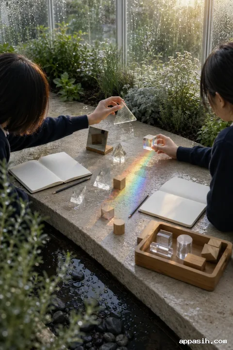 Elevated view of two anonymous students conducting a prism and geometry light experiment at a rain-fresh conservatory learning table.
