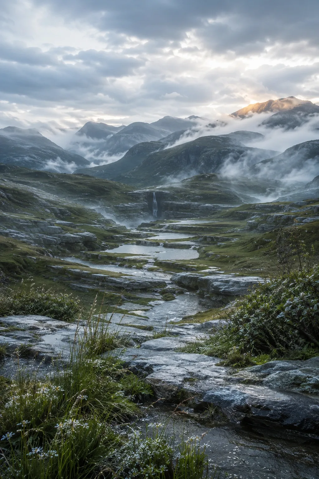 Vertical post-rain mountain valley with pale stone terraces, silver-green grasses, reflective pools, drifting mist, layered mountains, and a distant waterfall beneath luminous clouds.