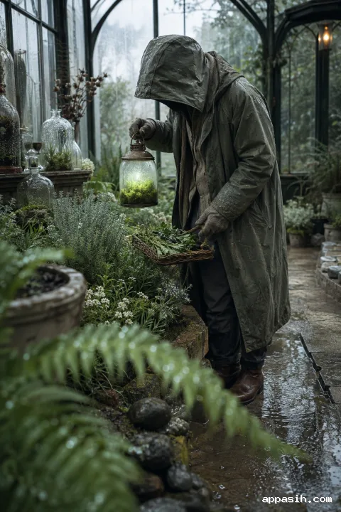 Detailed three-quarter portrait scene of an anonymous hooded botanical keeper inspecting herbs beside a softly glowing moss lantern in a wet, misty highland conservatory after rain.