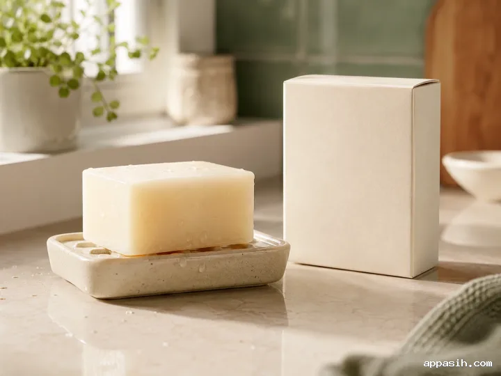 Luxury blank solid dish soap bar, recycled paper carton, ceramic draining tray, wooden brush, and cotton cloth styled in soft morning light.