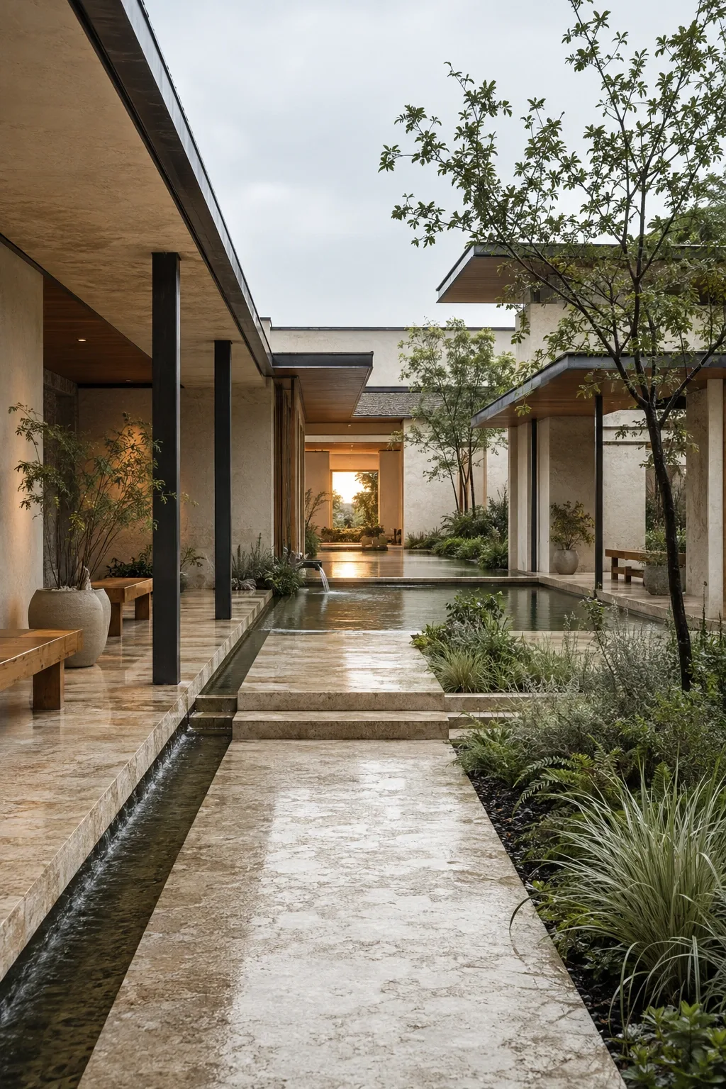 Portrait view of a contemporary terraced stone courtyard pavilion with planted walkways, shallow rainwater channels, and a reflective water court after gentle morning rain.