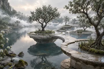 Dreamlike floating limestone orchard terraces with silver-green trees and white blossoms hovering above a reflective rainwater basin among soft clouds.