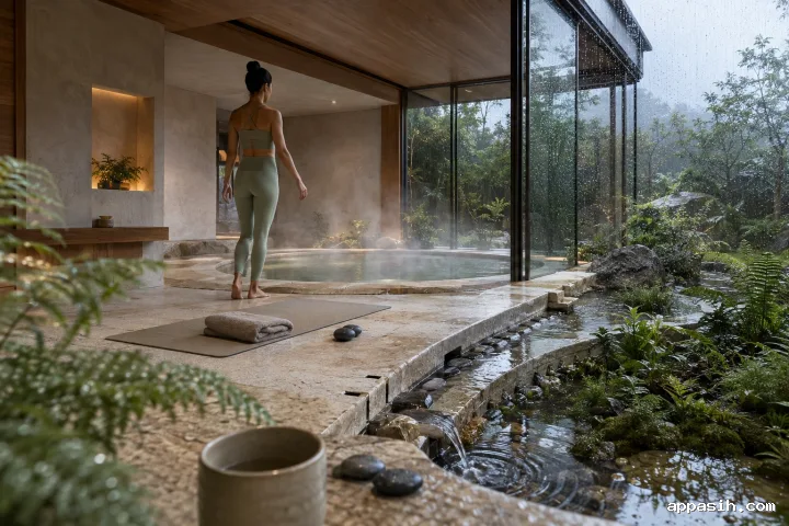 Elevated three-quarter view of an anonymous wellness guest pausing after a mobility stretch beside a steaming mineral recovery pool, with rainwater channels, wet limestone, timber details, ferns, and layered morning reflections.