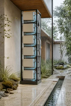 Portrait technology scene showing a vertical ceramic computing column with translucent liquid-cooling channels inside a rain-fresh biophilic conservatory atrium.