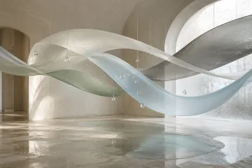 Abstract translucent mineral-glass ribbons in ivory, sage, graphite, and pale blue floating above reflective limestone inside a softly lit rain-cooled chamber.