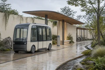 Unbranded compact electric shuttle parked at a landscaped contemporary garden transit terminal after morning rain, with bicycle parking and wet limestone paving.