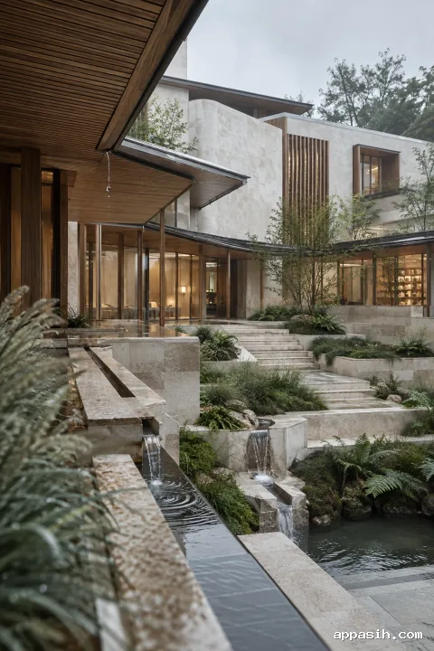 Detailed portrait perspective of a rain-cooled contemporary limestone archive with stacked terraces, timber screens, wet glazing, a sunken planted courtyard, rainwater channels, and a delicate ripple beneath a canopy.