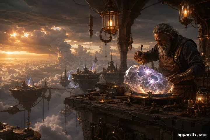Ultra-detailed fantasy concept art of an airborne cloudsmith forge where a robed artisan shapes a storm-filled crystal above an immense ocean of clouds.