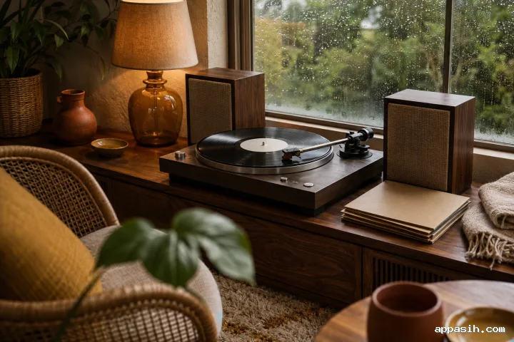 A detailed three-quarter view of a 1970s-inspired rainy-day listening room as a turntable tonearm lowers toward a blank-label vinyl record beside woven furniture and an amber lamp.