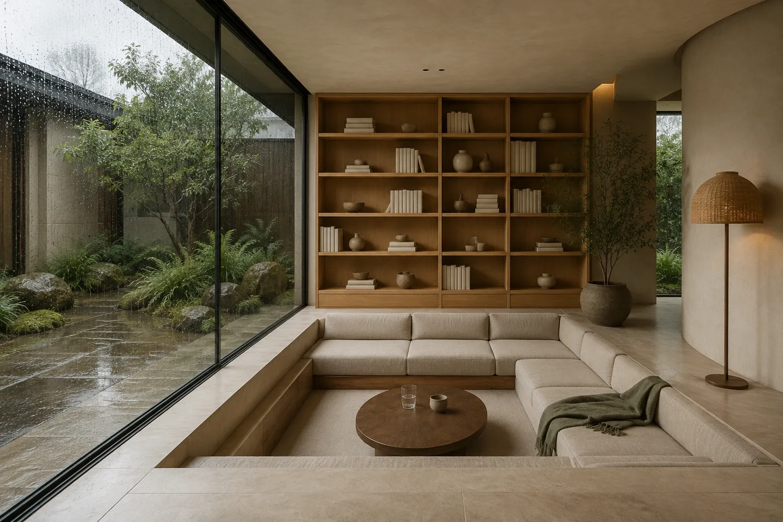Contemporary sunken reading conservatory with oatmeal seating, warm oak shelving, limestone flooring, and rain-beaded garden windows.